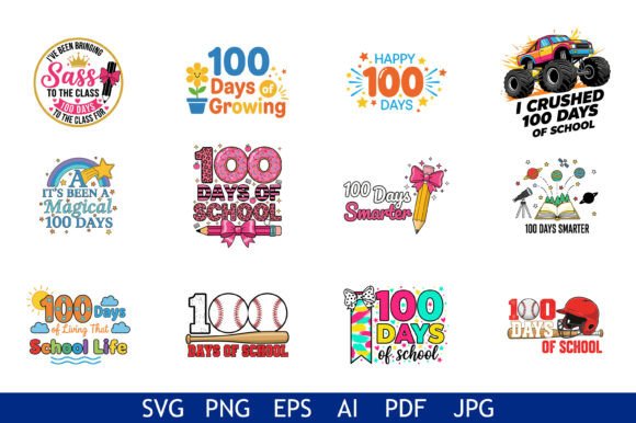 Colorful 100 Days School Designs for Crafts and Graphics