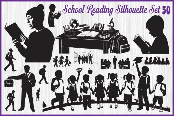 School Reading Silhouette Set for Crafts and Graphics